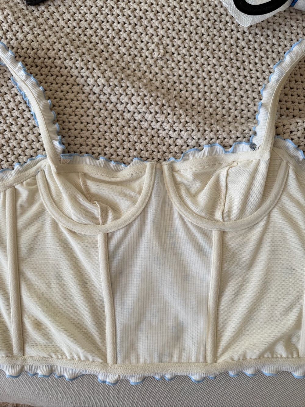 UO Floral Ribbed Corset Crop Tank - Blue & Cream - Picture 4 of 5